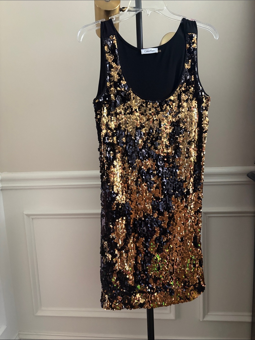 NWOT Calvin Klein Black and Gold Sequin Mini Dress